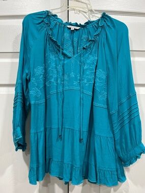 John Mark Teal Embroidered Peasant Tunic